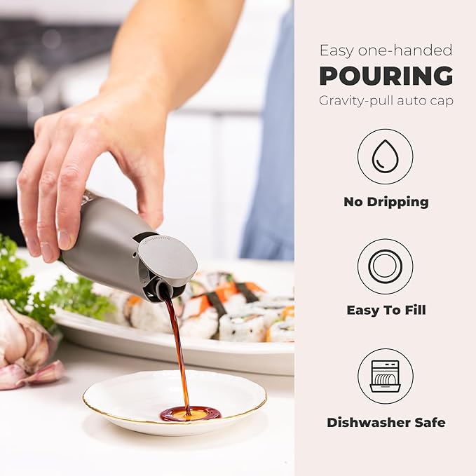 Zuutii Olive Oil and Vinegar Dispenser Set, 5.8Oz Glass Oil Bottle Set for Kitchen, Soy Sauce Bottle with Drip-Free Spout, Auto Flip and Dishwasher Safe, Dark Gray