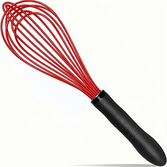 TEEVEA Silicone Whisk Non Scratch Wisking Tool, Metal Wire Stainless Steel Whisk - Small Mini Heat Resistant - Black & Red, 11-Inch