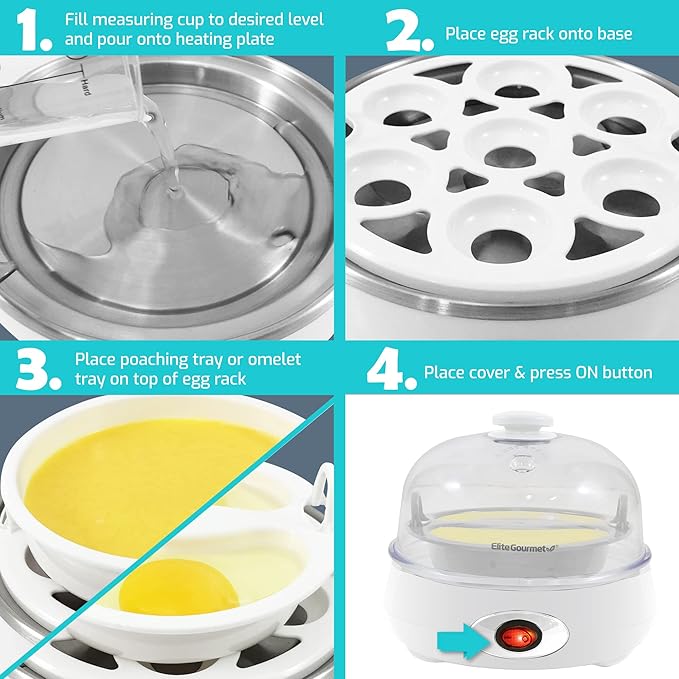Elite Gourmet EGC007CHW Easy Electric 7 Egg Capacity Cooker, Poacher, Omelet Maker, Scrambled, Soft, Medium, Hard Boiled with Auto Shut-Off and Buzzer, BPA Free, Classic White