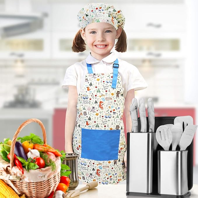 Jennice House Kids Apron and Chef Hat Set, Cute Children Baking Aprons for Cooking Baby Baking Aprons