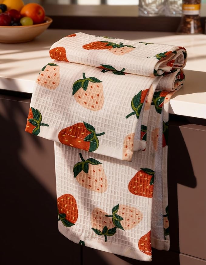 Miss Adola Cotton Waffle Kitchen Towels - Cute 370 GSM 16x25 Inch Terry Cloth Waffle Decorative Dishcloth for Kitchen Set of 2 with Hanging Loop Absorbent Hand Tea Towel for Home Design, Strawberry