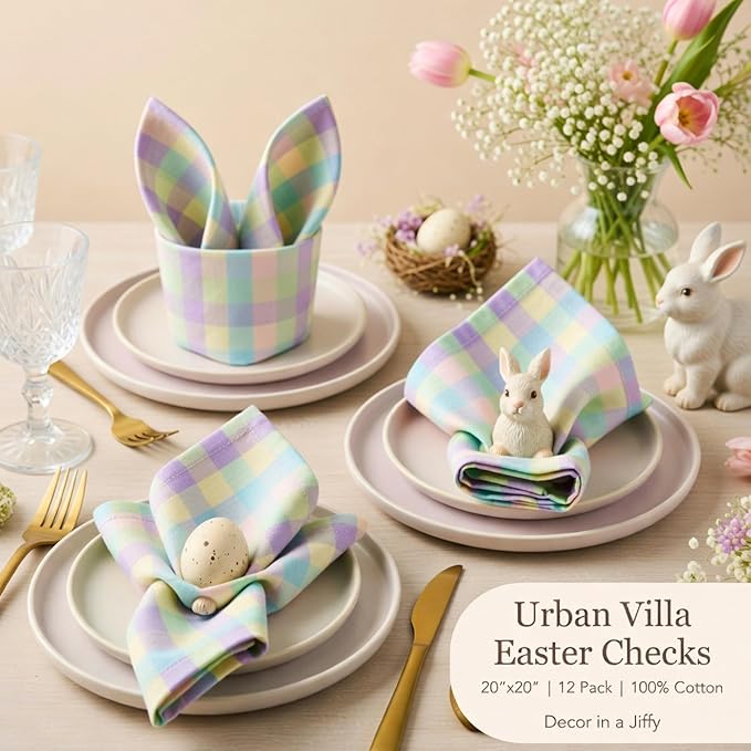 Urban Villa Cloth Napkins Set of 12 20x20 Inches 100% Cotton Napkins Cloth Washable Soft Durable Reusable Absorbent Table Dinner Napkins Cloth for Easter Decorations Restaurant Weddings-Easter Checks
