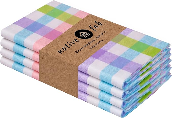 Native Fab Easter Checked Cloth Dinner Napkins Set of 4, 100% Cotton 18"x18", Soft, Reusable Table Napkin, Absorbent Hotel Quality, Machine Washable, Daily Dining, Everyday Use - Multi Colors