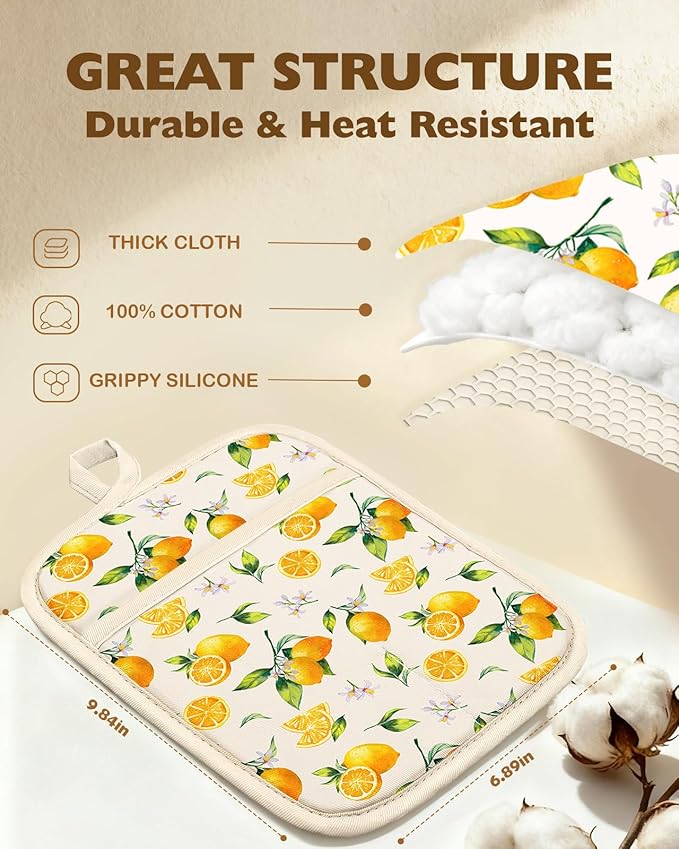 Slohif Silcone Lemon Pot Holders for Kitchen - 100% Cotton Beige Cute Oven Potholders with Pockets, Heat Resistant Square Thick Hot Pads, House New Home Baking Baker Gifts,2pack