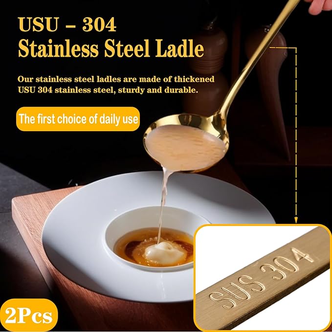 2Pcs Soup Ladle Soup Spoons 304 Stainless Steel Gold Ladle, 12.2Inch Long Handle Large Serving Spoon for Cooking Buffet, Party, Kitchen, Gold
