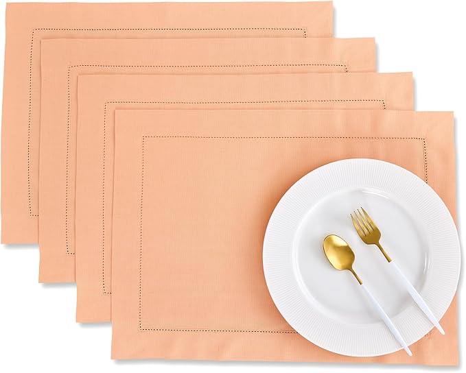 Solino Home Cotton Linen Placemats Set of 4 - Hemstitch Peach Bloom Placemats 14 x 19 Inch - Machine Washable Table Mats for Mothers Day, Spring, Summer