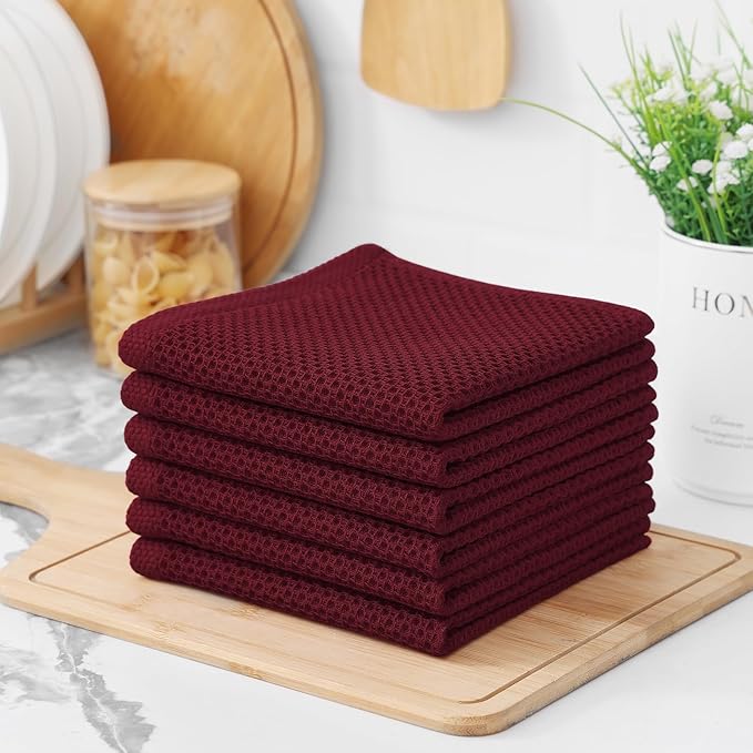 Kitinjoy 100% Cotton Kitchen Dish Cloths (12 X 12 Inches, Burgundy), 6 Pack Waffle Weave Ultra Soft Absorbent Dish Towels for Drying Dishes Quick Drying Kitchen Towels Dish Rags