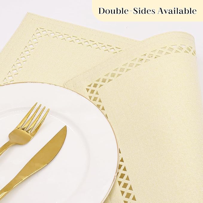 Linen Cloth Placemats Set of 4, HADEEONG 12 x 18 Inch Hollow Edge Place Mats Washable Heat Resistant Placemats Cloth Table Mats for Dining Table Home Decor (Beige, 4)