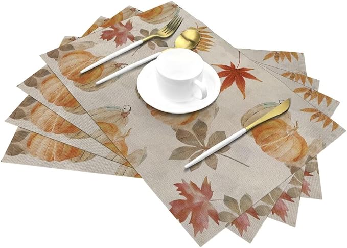 Fall Pumpkin Placemats 12x18 Inch Set of 4, Pumpkin Maple Leaf Watercolor Table Place Mat Autumn Thanksgiving Harvest Washable Table Mats Decorative Linen Fabric Table Mat for Dining Table