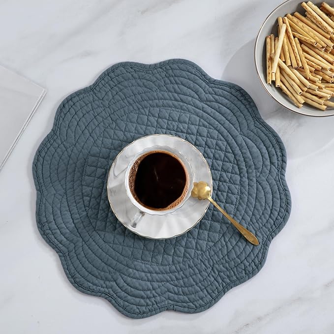 HOMBYS Quilted Placemats Set of 6 Washable Round Placemats for Kitchen Table-100% Cotton Fabric 14 Inch Round Table Mats, Cotton Fabric with Microfiber Filling, (14"x14", Blue)