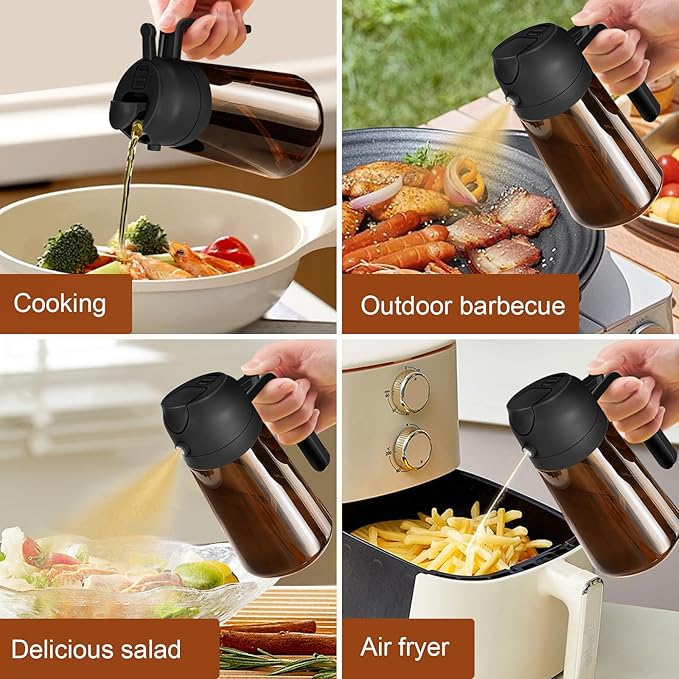 YARRAMATE 2PCS 16oz/470ml Oil Sprayer for Cooking with Stickers, Food-Grade 2 in 1 Olive Oil Dispenser Bottle for Kitchen, Premium Dark AmberGlass Oil Bottle for Air Fryer, BBQ (Black & Green)