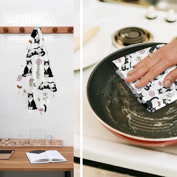 Jztco Cat Kitchen Towels, Floral Cats Gifts Reusable Hand Tea Towel, Microfiber Dish Cloths for Drying Dishes, Waffle Dish Towels for Kitchen Home Bathroom Decor, Cat Lover Gifts for Women Mom