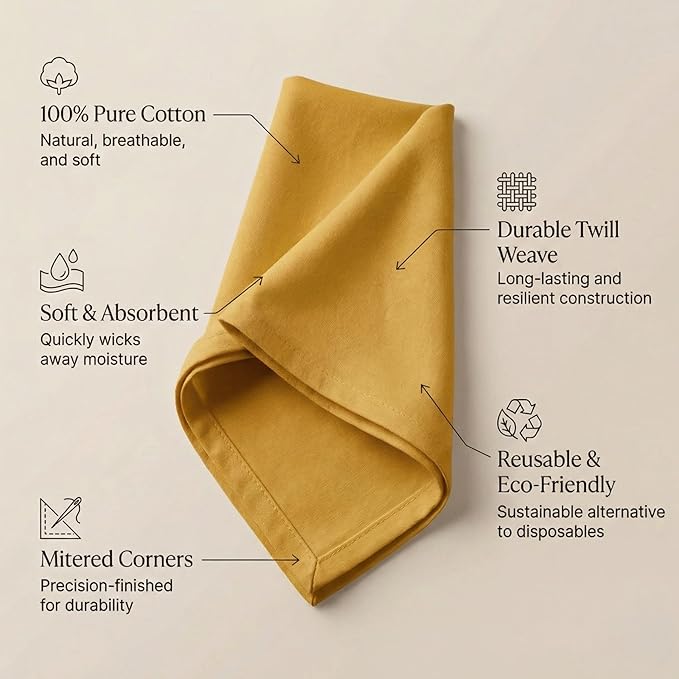 Accent Home 100% Cotton Napkins, Delicate Cloth Napkins for Dinners, Parties and Weddings，18 x 18 Inch Set of 12 - Mustard