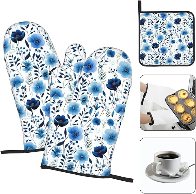 Blue Floral Oven Mitts and Pot Holders Sets of 3, Heat Resistant Cute Decorative Blue Flowers Kitchen Gloves and Hot Pad for Home Cooking Baking Grilling, Baking Gifts for Women, Holiday Kitchen Decor