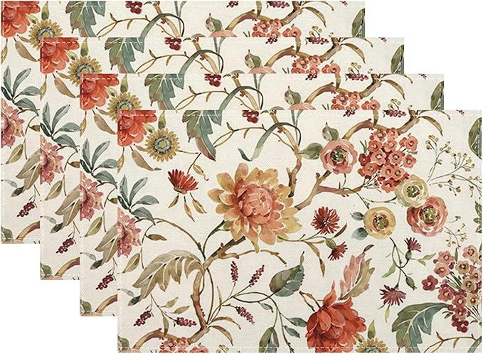 Boho Floral Placemats Set of 4 Vintage Watercolor Flower Decor Place Mats 12x18 Inch Retro Rustic Spring Seasonal Decorative Linen Table Mats for Home Kitchen Dining Party Table Decoration