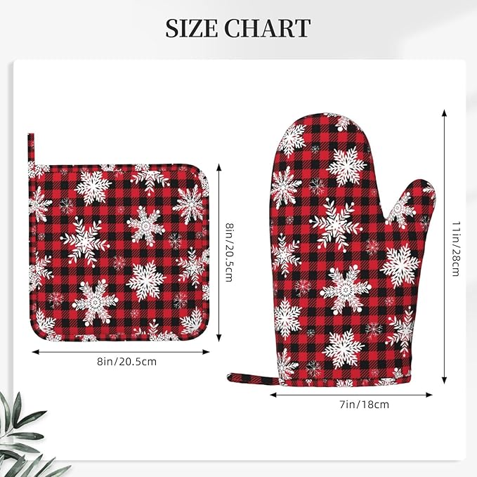 Red Black Buffalo Plaid Oven Mitts and Pot Holders Set, 4pcs Winter White Snowflakes Christmas Silicone Oven Glove for Kitchen Heat Resistant Oven Mitts and Potholders Non-Slip for Cooking