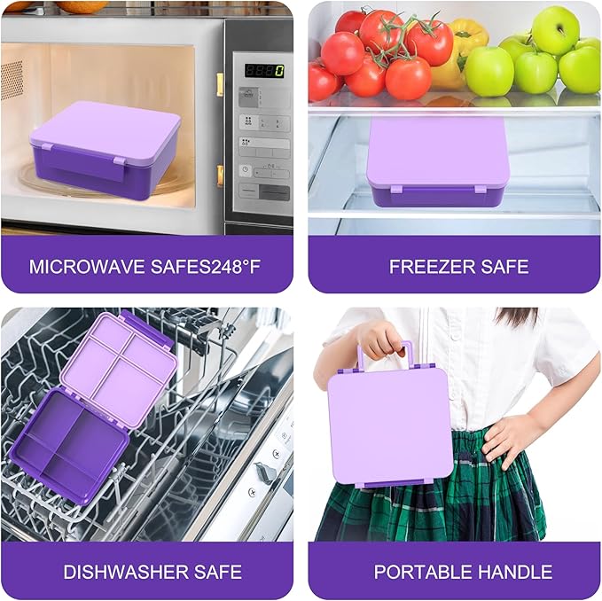 Pawtong Bento Lunch Box with 8oz Soup Thermo, Kids Leakproof Lunch Food Containers with 4 Compartment, Kids Thermo Insulated Hot Food Jar for School, Trvael (Purple)