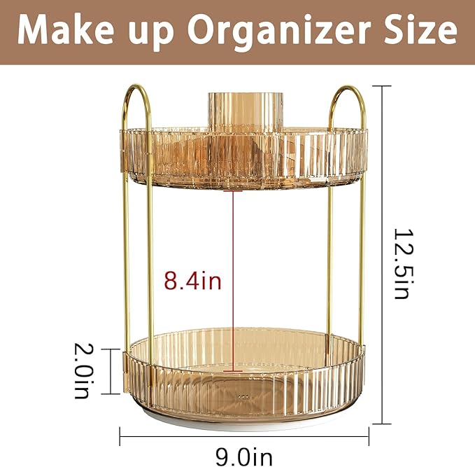 shuang qing Rotating Makeup Organizer for Vanity, High-Capacity Skincare Clear Make Up Storage Perfume Organizers Cosmetic Dresser Organizer Countertop 360 Spinning (Gold, New-2 Tier)