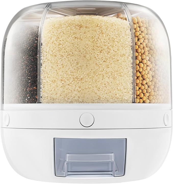 Rice Dispenser, 6 Grid 360° Rotating Rice Container Cereal Holder with Lid & Measuring Cup, Grain Storage Organizer for Kitchen Countertop Dry Food, White, 6kg/13lbs