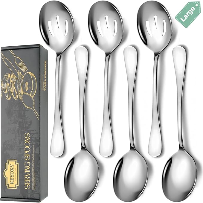 Stainless Steel Serving Spoons Set, 6pc, 10-Inch, Includes 3 Large, 3 Slotted, for Parties/Kitchen/Buffet/Catering, Dishwasher Safe
