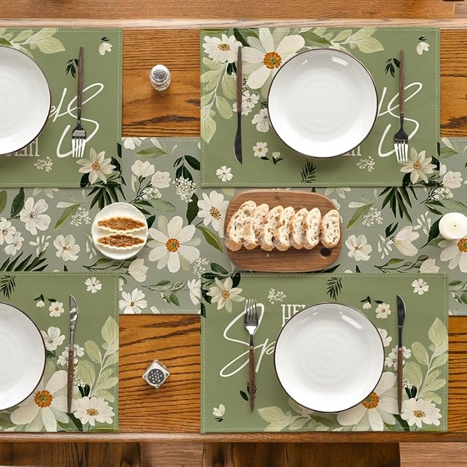 Artoid Mode Olive Green Hello Spring Daisy Flowers Spring Placemats Set of 4, 12x18 Inch Seasonal Holiday Table Mats for Party Kitchen Dining Decoration