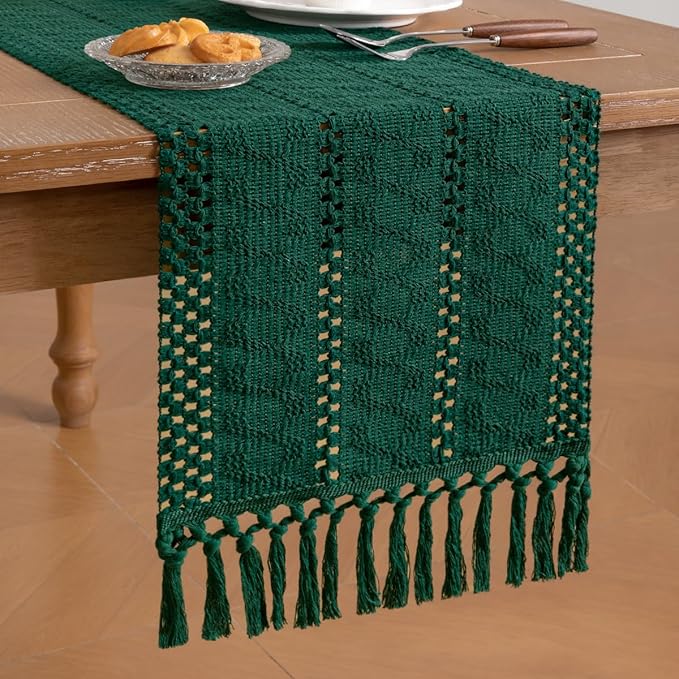 Socomi Boho Table Runner Easter Spring Farmhouse Rustic Dining Kitchen Centerpiece Decor Small Macrame Woven Cotton Linen Coffee Table Runner for Dresser Scarf Home Decor 12x60 inch Emerald Green