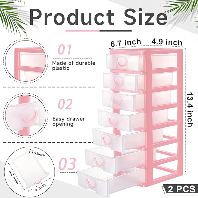 Thyle 2 Pcs Plastic Drawers Organizer Mini Organizer Stackable Plastic Clear Drawer Storage Box Containers Storage Units for Desktop Classroom Craft 6.7 x 4.9 x 13.4 inches(Pink)