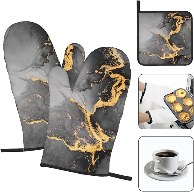 Black Gray Gold Marble Oven Mitts and Pot Holders Set Heat Resistant Abstract Modern Oven Gloves for BBQ Baking Grilling Cooking Kitchen Decor 3 Piece
