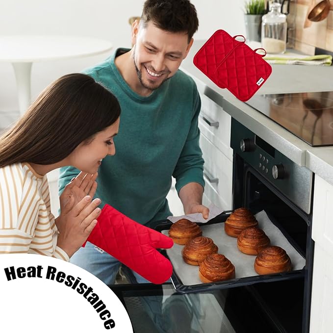Oven Mitts and Pot Holders Sets,6 Pcs Oven Mitts and Potholders with Recycled Cotton High Heat Resistant Extra Thick Long Oven Mitts for Cooking(Red)