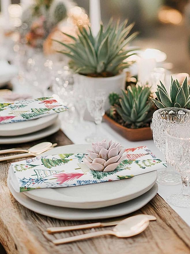 Christmas Tree Cloth Napkins Set of 6, Green Pink Blue Xmas Trees Washable Dinner Napkins Colorful Cartoon Plant Table Reusable Napkin for Home Party Wedding Dining Table Decoration, Oversized 20"x20"
