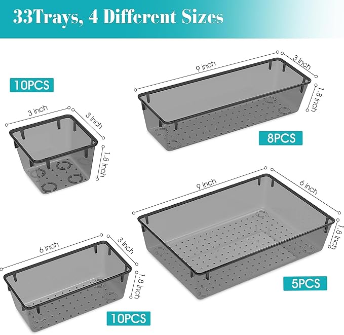 StorMiracle 33 PCS Clear Plastic Drawer Organizers Set, 4 Size Desk Drawer Organizer Trays for Makeup, Jewelry, Kitchen Utensils, Gadgets and Office Accessories, Black