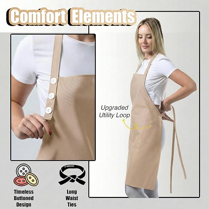 TOSHE Kitchen Apron Waterdrop Resistant Cotton Apron with adjustable Aprons for Women with Pockets 10 Color option Cooking Beige Apron(Beige)
