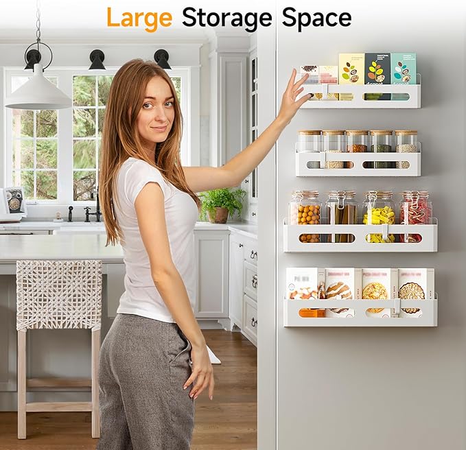 Sevenblue 6 Pack Strong Magnetic Spice Rack for Refrigerator, Multipurpose Magnetic Shelf for Fridge with 4 Hooks for kitchen and Bathroom Organization, White