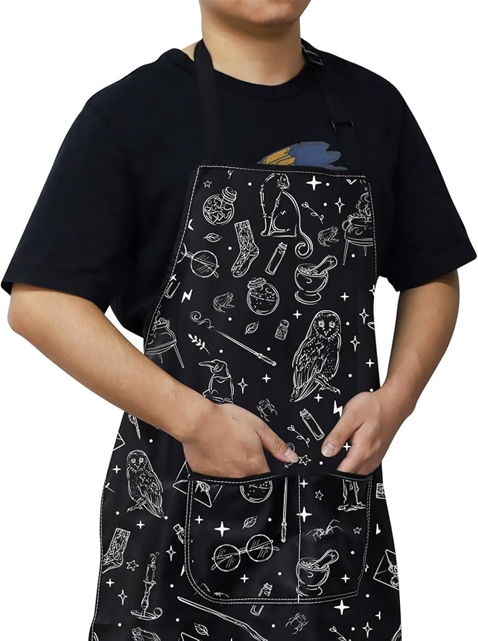 WZMPA Magic Wizard Kitchen Apron With Pockets Spooky Witch Gift Gothic Magic Adjustable Apron For Cooking Baking Grilling