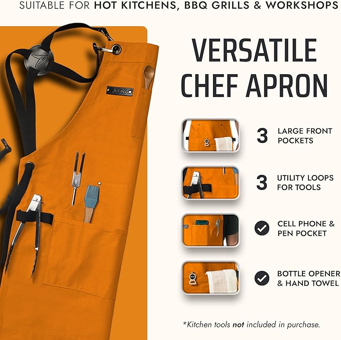 Asaya Chef and BBQ Apron with Bottle Opener and Hand Towel - 10oz Cotton Canvas, Stainless Steel Hardware - Cross Back Straps