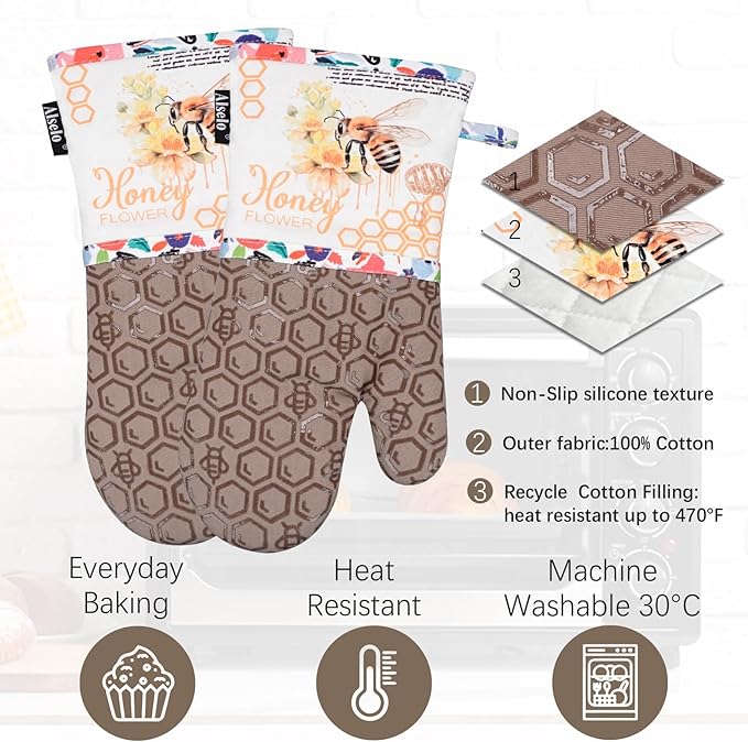 Alselo Oven Mitts, Heat Resistant with Soft Quilted Cotton Lining Set of 2, Fashion Bee Design with Silicone Printing Anti-Slip Kitchen Gloves for Safe Backing Cooking Barbecue (Khaki, Bee)