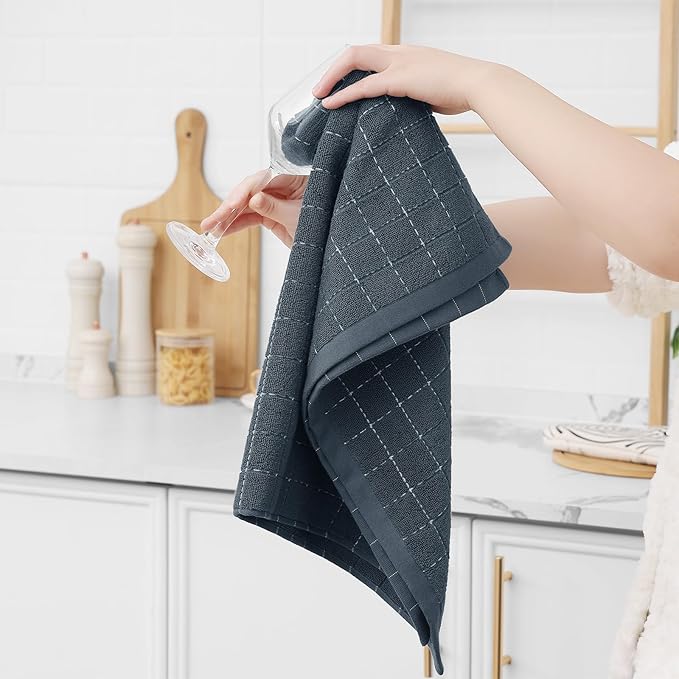 Homaxy Kitchen Towels and Dishcloths Set, 12 x 12 and 13 x 28 Inches, Set of 16 Bulk Cotton Terry Kitchen Towels Set, Checkered Designed, Soft and Super Absorbent Dish Cloths, Dark Grey