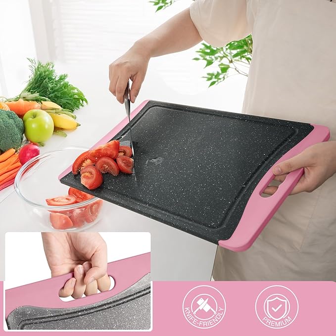 Extra Large Cutting Boards, Plastic Cutting Boards for Kitchen (Set of 3) Cutting Board Set Dishwasher Chopping Board with Juice Grooves Easy-Grip Handles, Pink, Empune