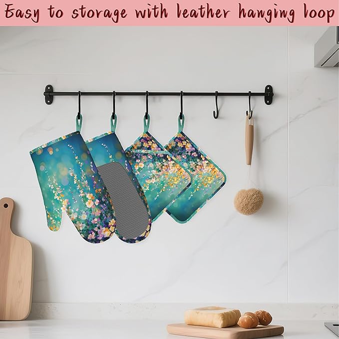 Watercolor Ivy Flower Spring Flower Oven Mitts and Pot Holders (4PCS),Heat Resistant Non-Slip Silicone Kitchen Gloves for Cooking, Baking, BBQ Waterproof Kitchen Accessories