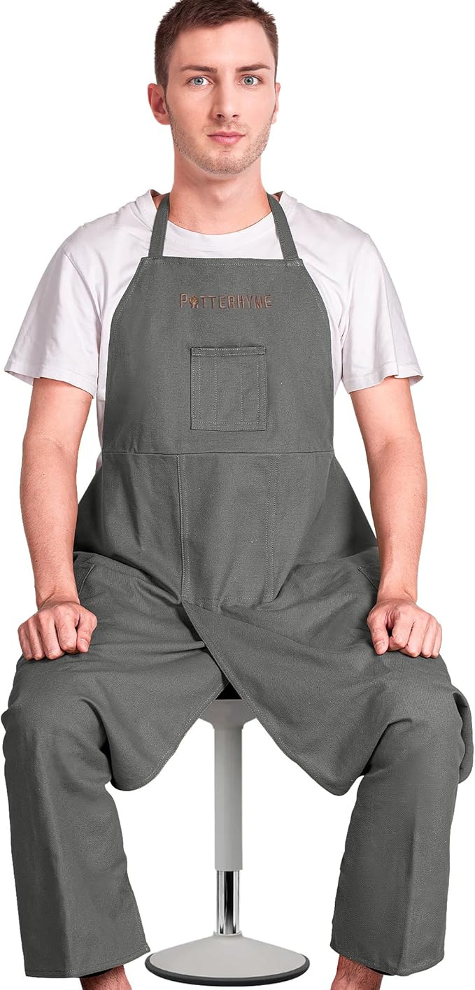 Full Coverage Pottery Apron Split Leg - 100% Cotton Canvas Potter's & Ceramics Aprons with Pockets for Women & Men