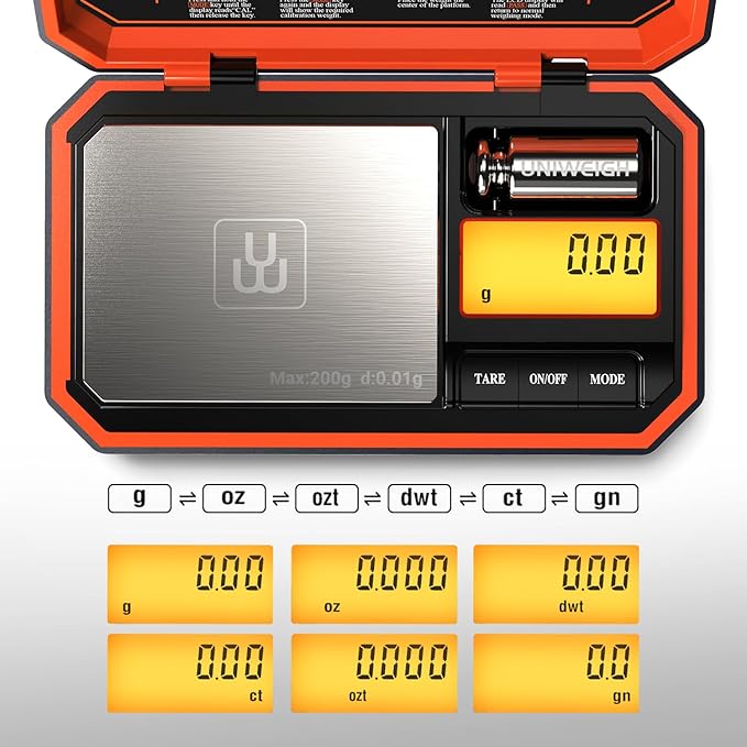 UNIWEIGH Digital Pocket Scale 200g/0.01g, Digital Scale Grams,6 Units Conversion Jewelry Scales,Coins Scale with LCD Display,Tare Function for Food,Powder,Small Items(Battery Included)-Orange