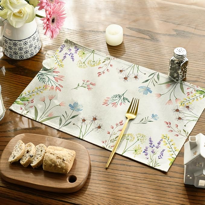 Artoid Mode Flowers Floral Summer Placemats Set of 4, 12x18 Inch Seasonal Spring Table Mats for Party Kitchen Wedding Dining Decoration