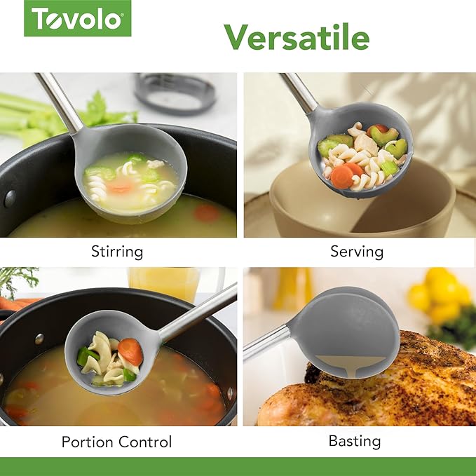 Tovolo Silicone Ladle With Stainless Steel Handle Deep Soup Ladle for Cooking Canning Serving Soup Punch Stew Sauce, Large Kitchen Utensil Spoon Dishwasher Safe BPA Free Silicone Oyster Gray