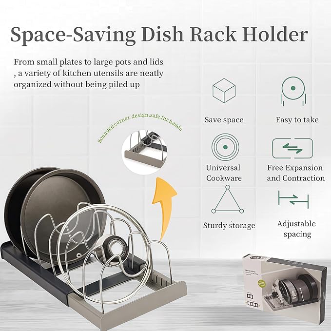 Lid organizers inside cabinet adjustable, Kitchen Pot lid organizer for Bowls, Lids, Cutting boards, Tableware, Dish storage rack for cabinets, drawers, countertops & sinks