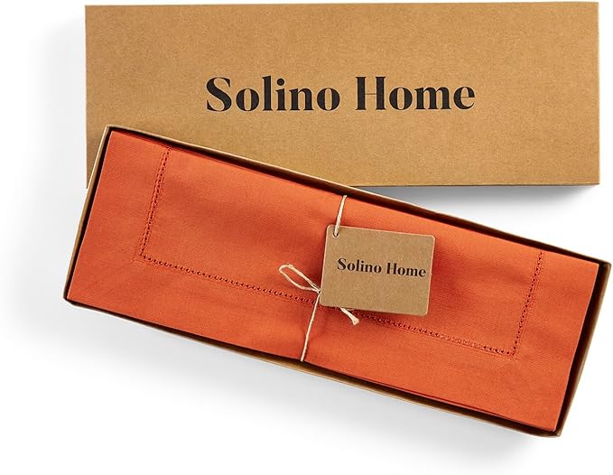 Solino Home Cotton Linen Placemats Set of 4 - Hemstitch Burnt Orange Placemats 14 x 19 Inch - Machine Washable Table Mats