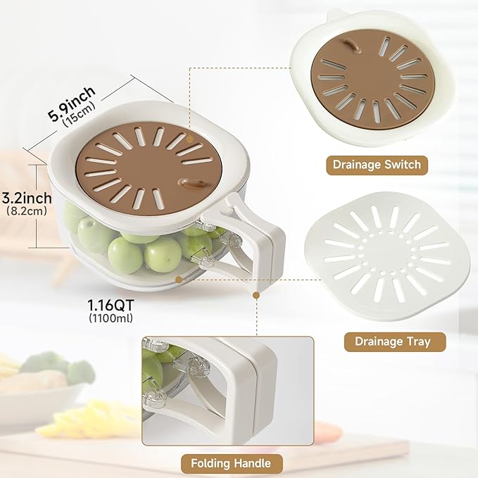 Fruit Vegetable Washing Bowl with Strainer, Multifunctional Produce Washer, Berry Container, Lettuce Keeper for Fridge Refrigerator Organization, Portable Strainers and Colander for Kitchen (Brown)