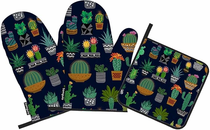 Cactus Oven Mitts and Pot Holders Sets Succulents Potted Plant Garden Nature Heat Resistant 3pcs for Cooking Baking BBQ