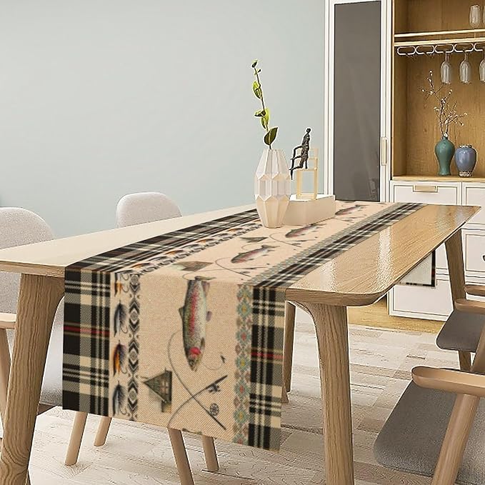 Fishing Table Runner Vintage Rustic Cabin Rods Lure Southwestern Check Art Printed Dinner Runner for Home Kitchen Dining Table Decor Fabric 1 Panel W13xL108in