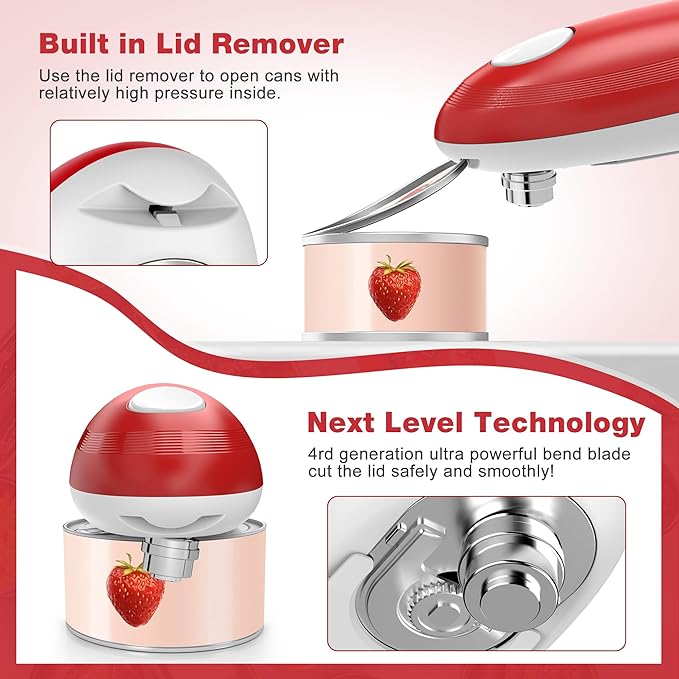 Electric Can Opener, Food Safe Automatic Can Opener with Smooth Edge, Open Your Cans with A Simple Press of Button, Can Opener Electric Kitchen Gifts for Seniors and Arthritis (Red)
