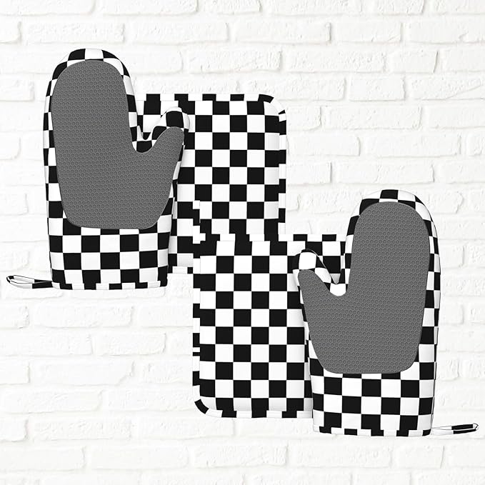 Black White Checkered Oven Mitts and Pot Holders Sets of 4, Heat Resistant Silicone Oven Mittens and Potholders Gloves Hot Pads for Kitchen Cooking Baking Grilling BBQ Chef
